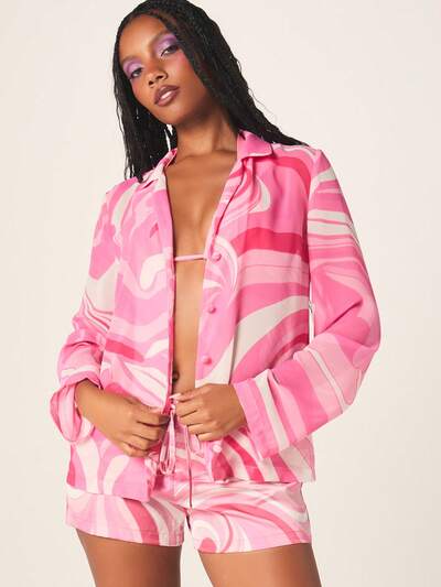 MISSGUIDED Oversized Abstract Print Button Up Shirt