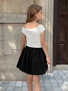 SHEIN Tween Girls'black And White Short Sleeve T-Shirt Set,Summer Tea Party Colorblock Energetic Design Comfortable Fabric Matching Skirt,Campus Casual - Black and White - View 2