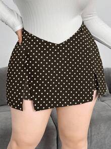 Flirla Váy quần cỡ lớn dành cho nữ, xẻ tà phía trước, họa tiết chấm bi. - Cà phê nâu - Xem 1
