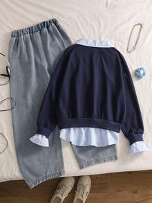 Set de 2 piezas Pantalones vaqueros y blusa a rayas con estilo colegial y parches para niñas, apropiado para uso diario y actividades al aire libre - Azul Marino - Ver 2