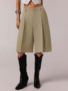 SHEIN PETITE CURVE Women's Casual Grey Suit Shorts, Spring Commute - Khaki - View 3
