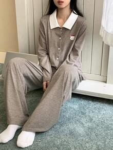 DAZY Ensemble de pyjama pour femme avec imprimé ours de bande dessinée, rayures et couleurs contrastées au col - Vert - Voir 4