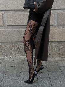 DAZY 透视蕾丝拼接紧身打底裤，适合音乐节、情人节、婚礼、春夏Y2K风格。 - 黑色 - 查看 5