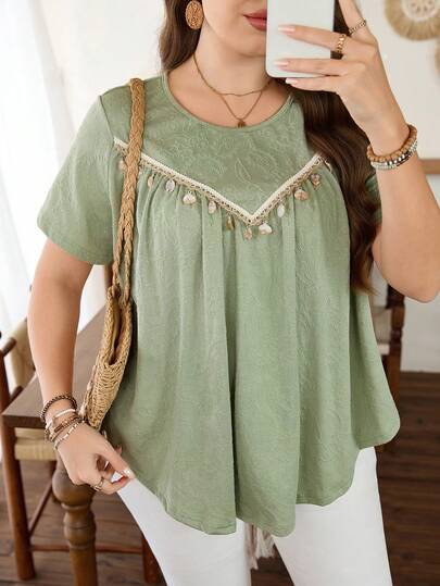 Lacomfia Plus Size Solid Color Ruffle Trim Loose Casual T-Shirt For Women