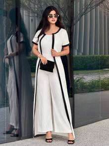 Modelyn Summer Middle East Style Sleeveless Striped 2 Pieces Casual Long Jumpsuit Set - White - View 3