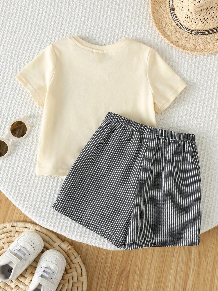 SHEIN 2pcs/Set Baby Boy/Girl Cute Summer Casual Vacation Palm Tree Print Apricot Short Sleeve T-Shirt & Blue Striped Elastic Waist Shorts Set, Spring/Summer Wear - Multicolor - View 2