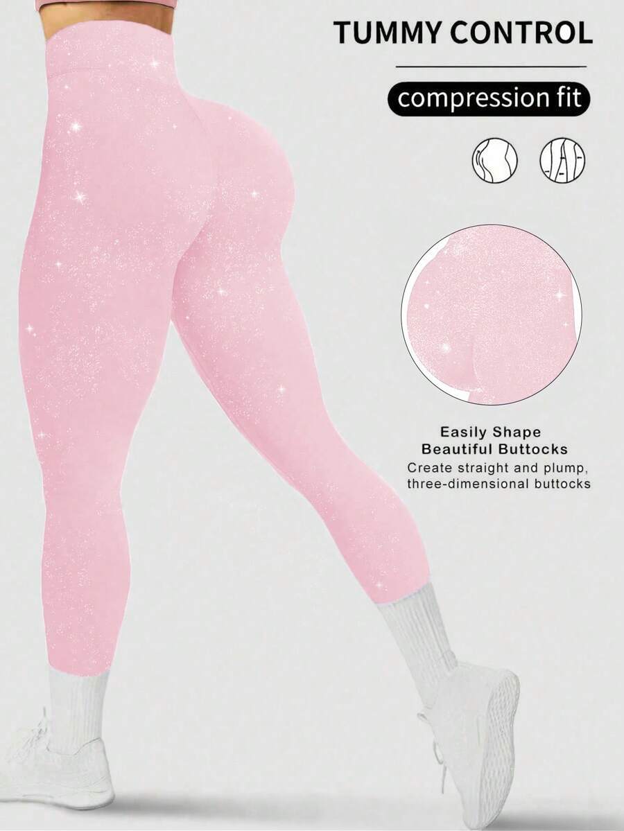 Easithlete Quần legging liền mạch màu đào lấp lánh họa tiết sao dành cho nữ, thích hợp cho thể thao và tập luyện. - Hồng - Xem 1