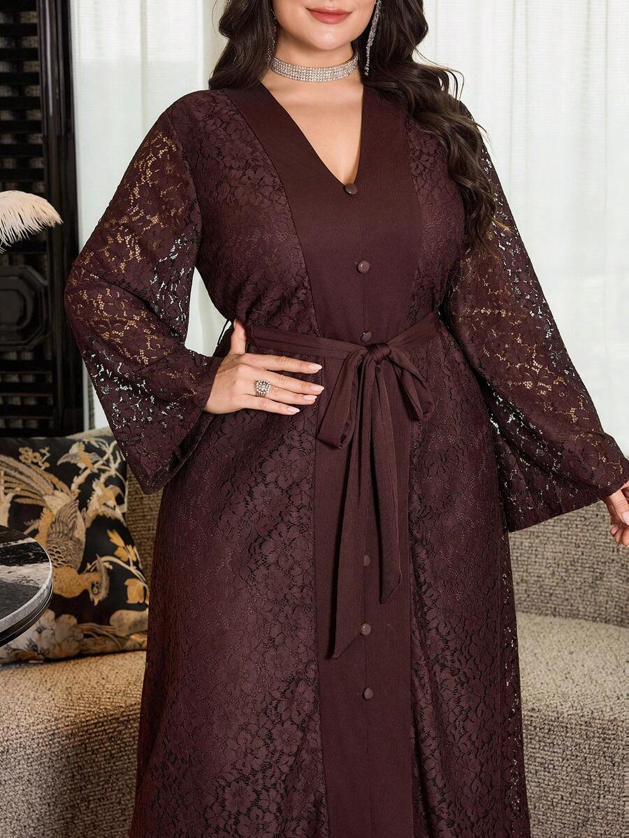 Modelyn Vestido elegante de talla grande con unicolor, patchwork de encaje, cuello en V acanalado, manga larga, cintura ceñida, regular, primavera/otoño - Marrón - Ver 1
