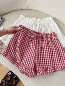SHEIN EZwear 2 chiếc quần short nữ kẻ caro và màu trơn, thắt eo, xếp ly, kiểu dáng ngọt ngào dễ thương. - Nhiều màu - Xem 2