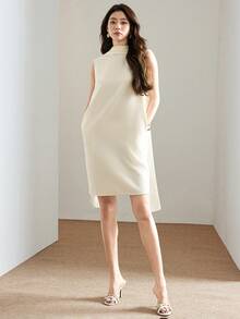 Heiryn Elegant Commuter Dress With Draped Collar For Women - Apricot - View 4