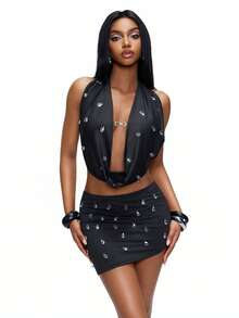 TypaGal Y2K Sexy Summer Black Stylish Chic Bold Modern Women's Fashion Carnival Party Beach Vacation Street Casual  Irregular Hem  Diamond Metal Chain Decoration  Two-Piece Outfits  For Evening And Night Out Black Two Piece Set Women Sexy Vacation Dress Two Piece Skirt Set - Black - View 9