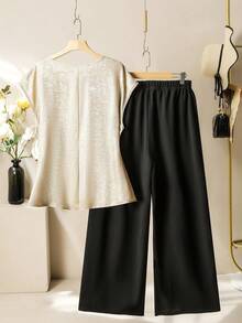 Seusyu Plus Size Elegant Batwing Sleeve Side Tie Top And Pants 2 Pieces Set, Summer - Black - View 2