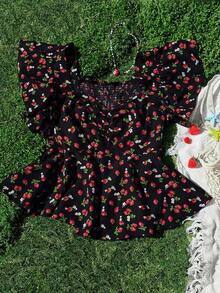 Flirla Plus Size Cute Girl Doll Collar Strawberry Print Blouse - Black - View 5