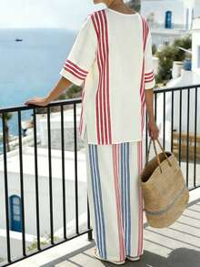 Breezaya 2pcs/Set Women Side Slit Crew Neck Striped Print Shirt And Pants Vacation Outfit White Striped Outfit 2 Piece Set Casual Wear Summer New Arrival - Apricot - View 2