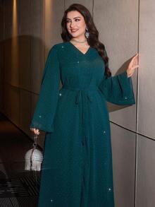 Al Najma Plus Size Women's Elegant Long Chiffon Dress With Rhinestone Embellishment, Loose Fit, Suitable For Spring And Autumn - Green - View 7