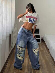 StreetHx 女士休闲时尚街头低腰破洞宽松阔腿牛仔裤 - 藍色 - 查看 1