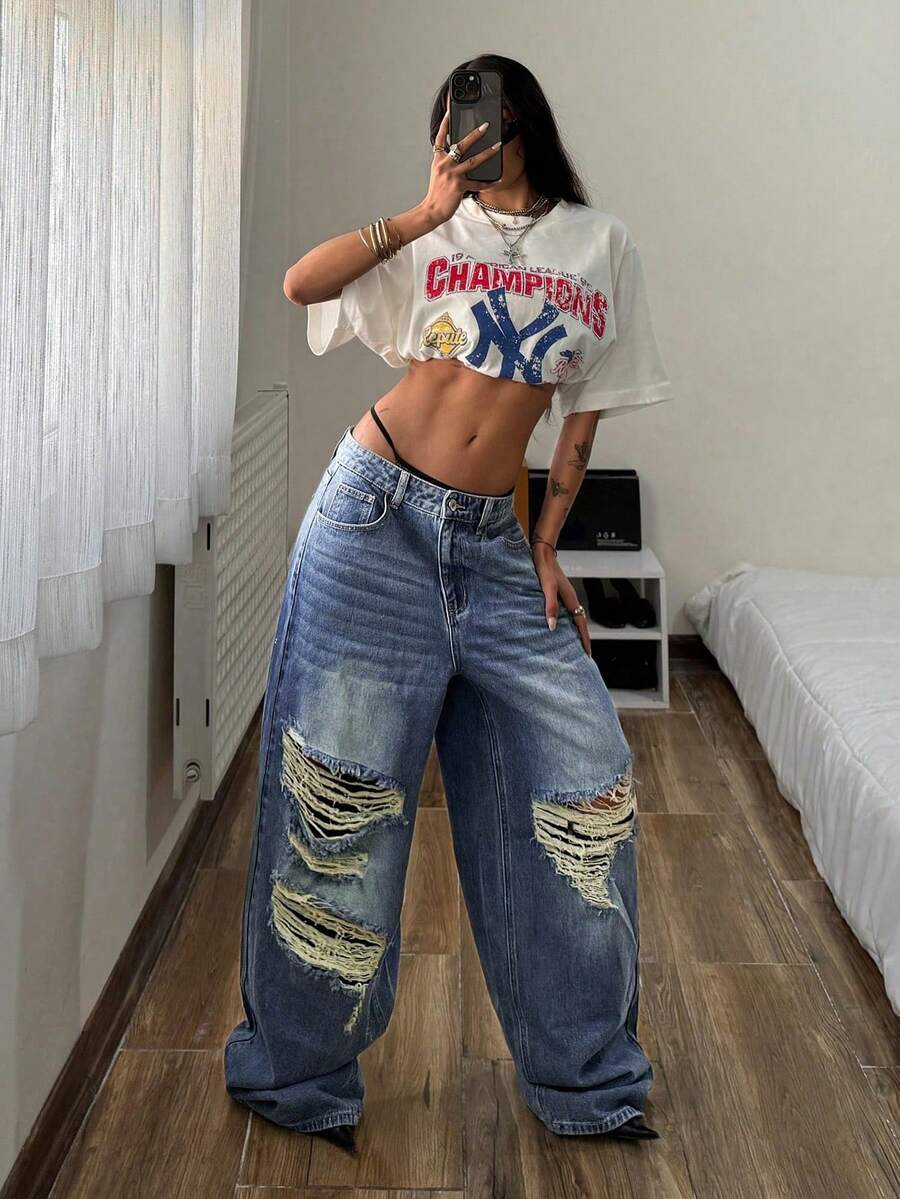 StreetHx 女士休闲时尚街头低腰破洞宽松阔腿牛仔裤 - 藍色 - 查看 1