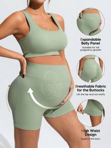 SHEIN Maternity Simple Solid Color Cross-Back Sports Bra And High-Waisted Shorts Set,Word Cup - Green - View 3