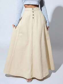 Slaydiva Plus Size Women Button Fly Casual Commuting Extra Long Denim Skirt - Khaki - View 6