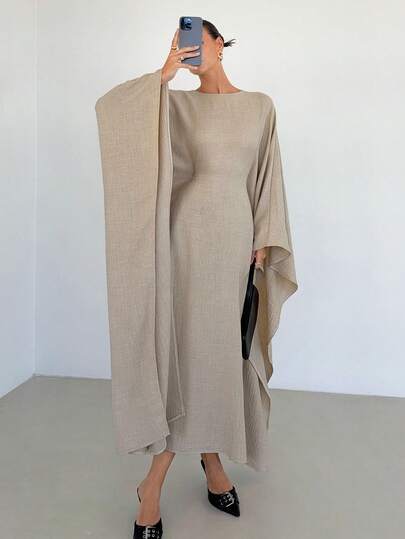 Siren Gaze Spring And Summer Minimalist Silhouette Shawl-Style Dress|Loose, Flowing Long Design, Linen, Apricot Color, Elegant For Vacation Or Work