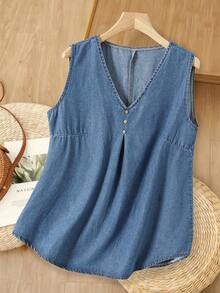 Rusticease Plus Size Summer Casual Loose V-Neck Sleeveless Denim Blouse With Button Decor Beach - Blue - View 2