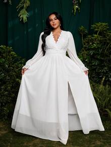 Roveilla Vestido de manga larga con cintura ceñida y falda acampanada, con cuello y ribete floral, talla grande, para boda, fiesta y ocasiones especiales - Blanco - Ver 6