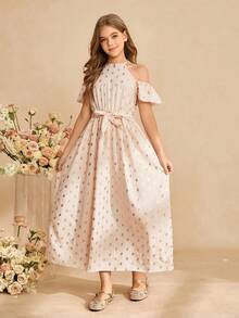 Vestido elegante y lujoso de color rosa con diseño de hombros descubiertos, cintura ceñida y ajuste cómodo para niñas preadolescentes - Rosa - Ver 5