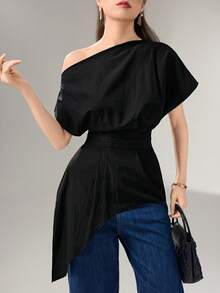 Heiryn Blusa de verano para mujer con cuello asimétrico, mangas tipo murciélago, cintura ceñida y bajo asimétrico, en unicolor minimalista, adecuada para el trabajo y el uso diario - Negro - Ver 4