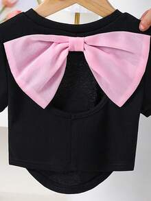 Emery Rose Kids Young Girls Solid Color Fitted Cropped Backless Organza Bow Decor Short Sleeve T-Shirt,Fashionable French Elegant Summer,Y2K Pink,First Birthday,Kids - Pink - View 6