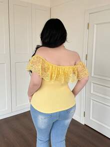 Vibekara 女士加大码纯色方领蕾丝修身针织休闲百搭T恤 - 黃色 - 查看 2