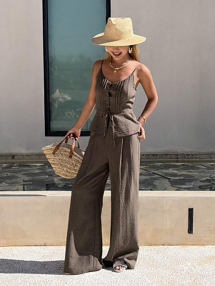 Women's Camisole Cardigan Pleated Texture Camisole Top And Loose Straight Leg Pants 2 Pieces Casual Set