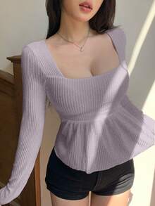 DAZY 女士方领纹理面料A字下摆长袖休闲性感T恤娃娃衫 - 淡紫色 - 查看 2