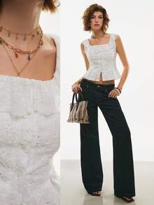 Poéselle Women's White Knitted Square Neck Tank Top With Ruffle Detail And Plant Pattern For Casual Wear - White - View 2