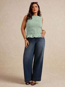 Elaquor Plus Size Solid Color Sleeveless Ruffled Hem Fashion Summer Tank Top - Mint Green - View 3