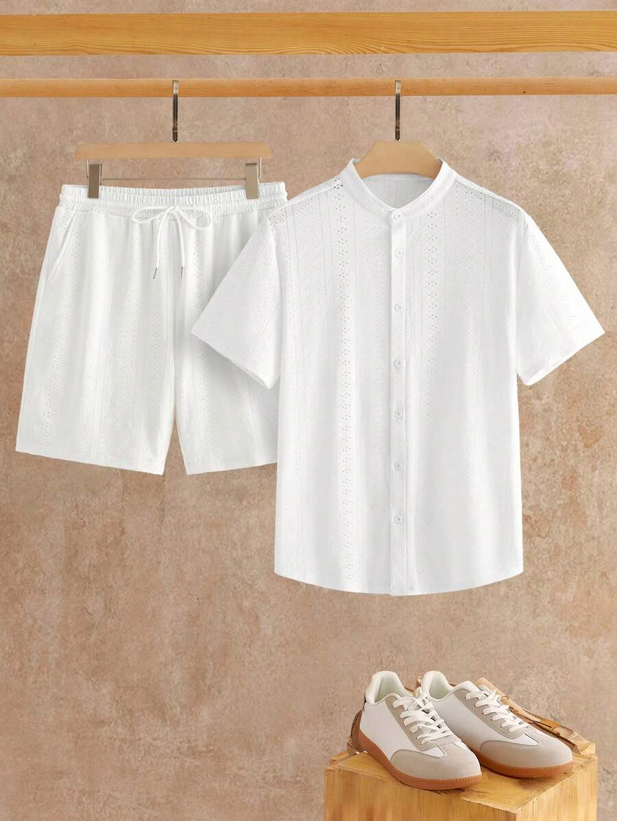 HIMLAND Bộ áo sơ mi và quần short ngắn tay màu trơn dành cho nam, kiểu dáng thường ngày.