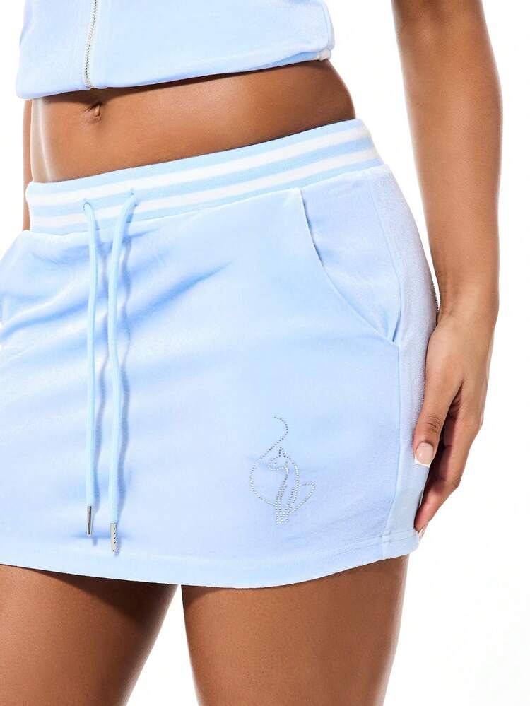 BABYPHAT Velour Mini Skirt With Rhinestone Text Detail Drawstring Waistband Casual Streetwear Fashion Spring Summer Bodycon Fitted Club Party