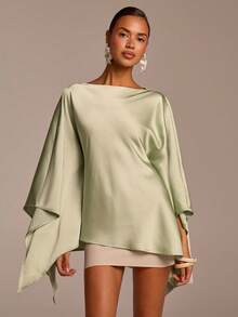 COSMINA 女士优雅不对称下摆和袖口绿色缎面衬衫，长袖纯色上衣，适合婚礼宾客、度假、休闲派对、保守场合。 - 綠色 - 查看 7