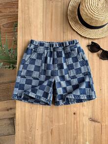 LMoss Kids Quần short denim kẻ caro xanh dáng rộng cho bé trai - Rửa trung bình - Xem 1