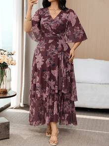 Modelyn Plus Size V-Neck Floral Print Ruched Waist Elegant Party Christening Guest Evening Formal Wedding Dress Burgundy Autumn Fall - Multicolor - View 4