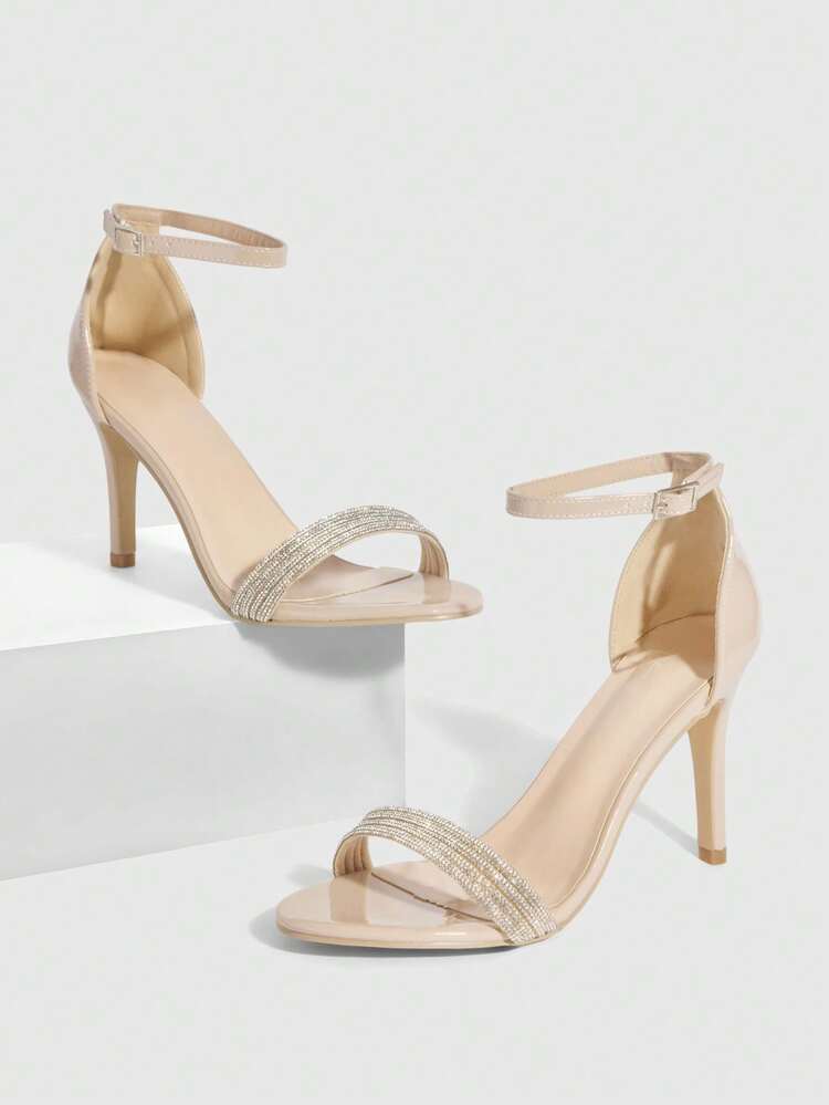 CUCCOO SZL Pointed Toe Rhinestone Strap Ankle Strap High Heel Sandals, Apricot Color, Fashionable Elegant Sexy Party Wedding Date Women's Heels Spring Shoes Prom Heels Summer Shoes