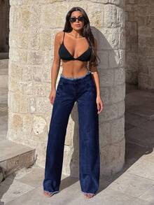 EURMUSE 100%Cotton Rigid, Belt Detailed Wideleg Fit - Dark Wash - View 7