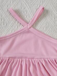SHEIN Playful Pals 3件組嬰兒女寶寶紫色與黃色夏季休閒度假Y2K純色羅紋針織背心掛脖單肩A字洋裝套裝 - 彩色 - 查看 4