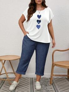 EMERY ROSE Plus Size Women's Heart Print Batwing Sleeve Top And Drawstring Waist Long Pants 2 Pieces Set, Casual, Vacation, Daily Commute, Spring/Summer/Autumn - Multicolor - View 5