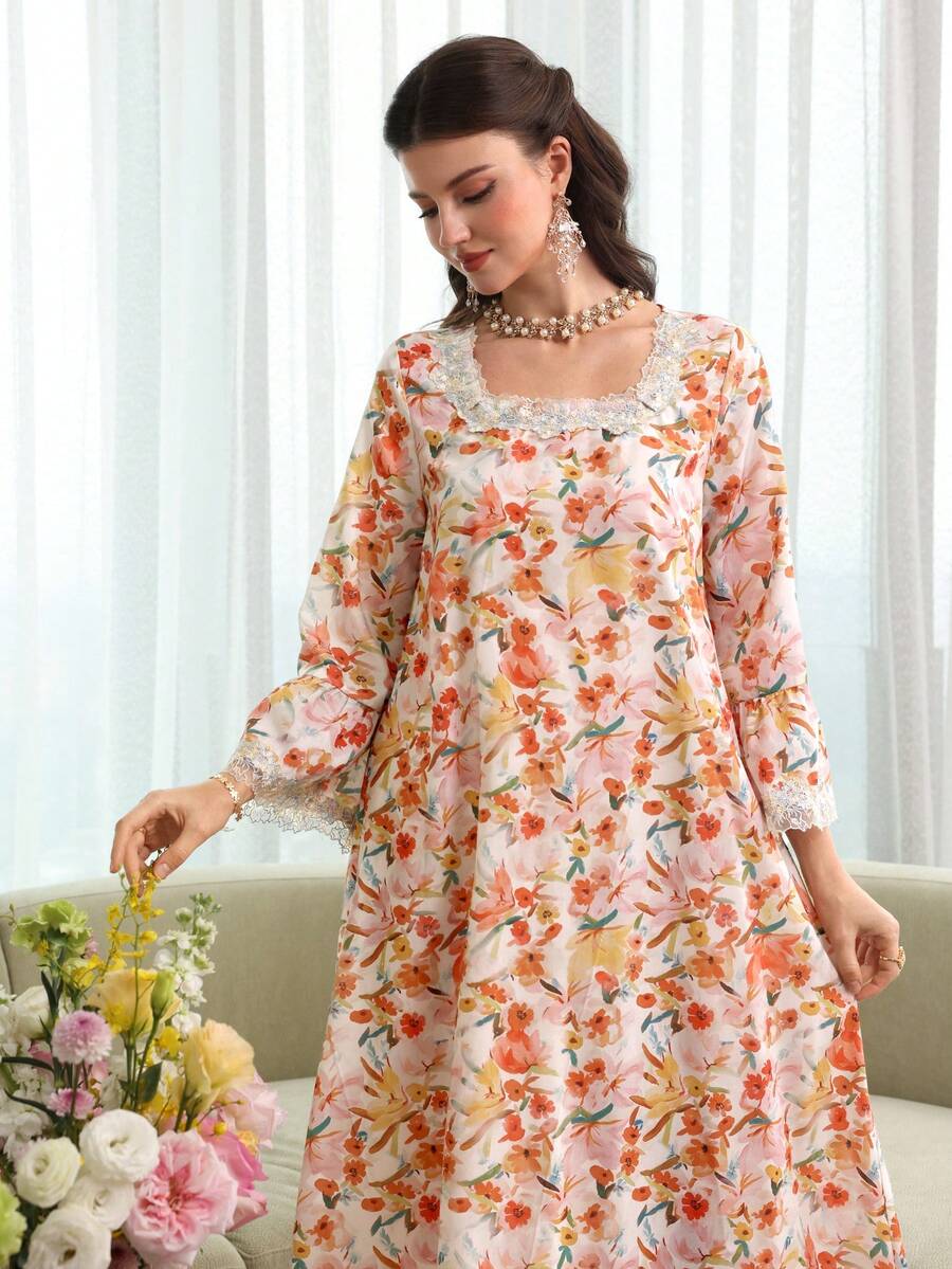 Yasmyna 女士优雅花卉撞色蕾丝印花连衣裙，秋季 - 彩色 - 查看 1