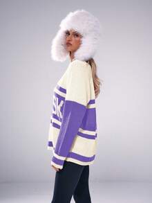 Musera Sport 厚针织宽松标语套头衫，Y2K 90年代休闲可爱运动滑雪俱乐部雪地舒适机场度假秋冬日常办公圣诞节感恩节时尚 - 紫丁香色 - 查看 2