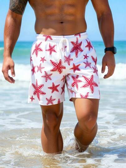 Manfinity Swimmode 男士海星图案休闲抽绳腰带口袋沙滩短裤