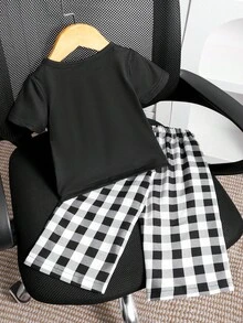 SHEIN 两件套女童夏季时尚简约街头风白色短袖T恤（黑色刺绣装饰）搭配杏色条纹裤，适合日常上学穿着 - 黑色 - 查看 3