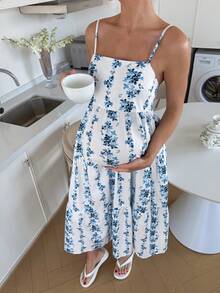 SHEIN 孕妇夏季度假碎花无袖连衣裙 - 藍白色 - 查看 3