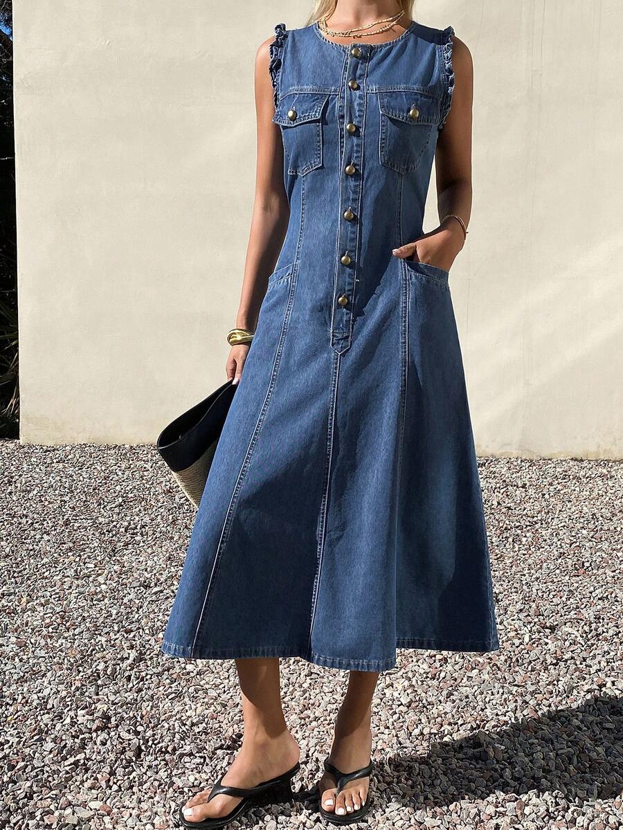 DAZY Đầm denim không tay, kiểu đầm thanh lịch Pháp dành cho nữ, mùa hè. - Màu xanh lam - Xem 1