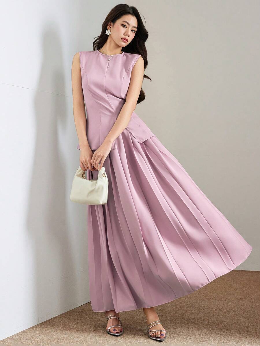 Heiryn Women's Elegant Sexy Minimalist Slit Top And Pleated Skirt 2 Pieces Set, Summer Golf Pastal - Pink - View 1